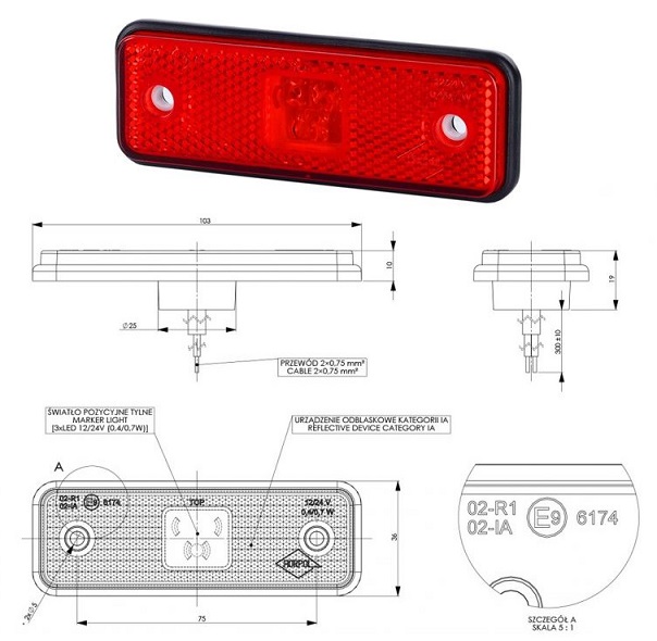 Svítilna poziční 12V/24V 0,4/0,7W LED s odrazkou, červená, gumová podložka, kabel 0,3m
